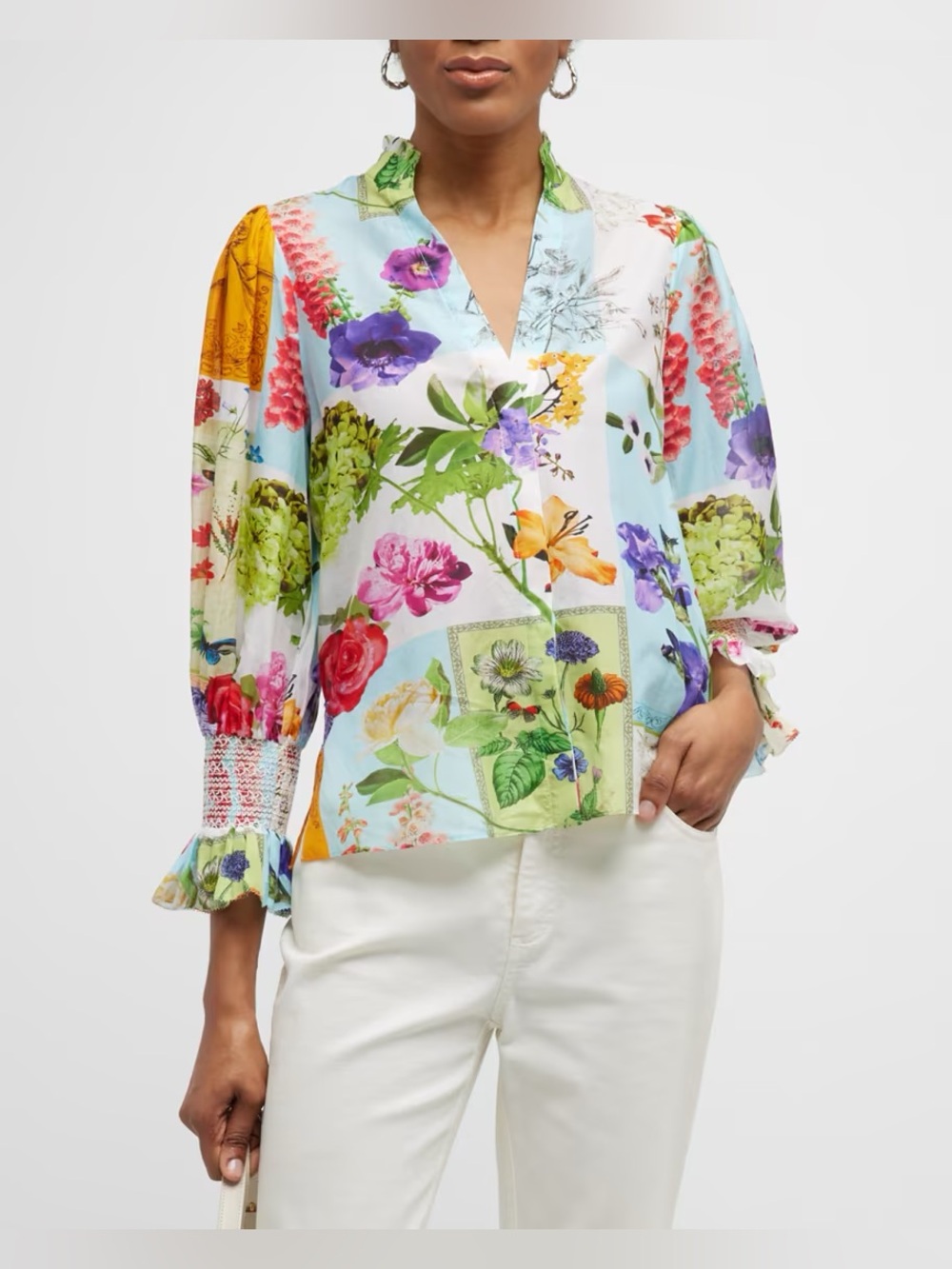 Alice + Olivia Ilan Smocked-Sleeve Button-Front Blouse